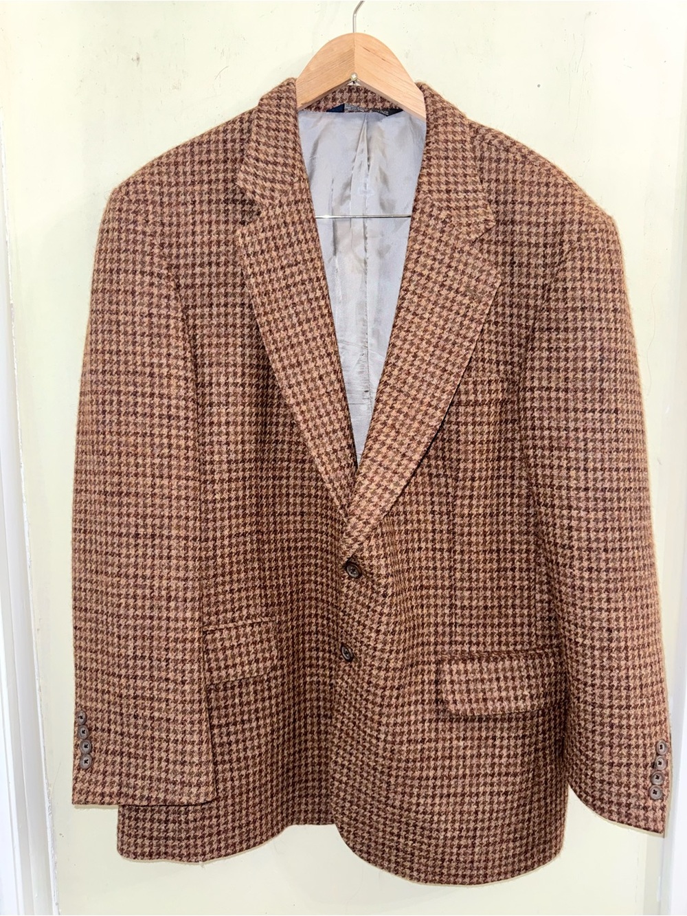 Vintage Lands' End Harris Tweed Blazer Jacket Brown Houndstooth Size 44 R